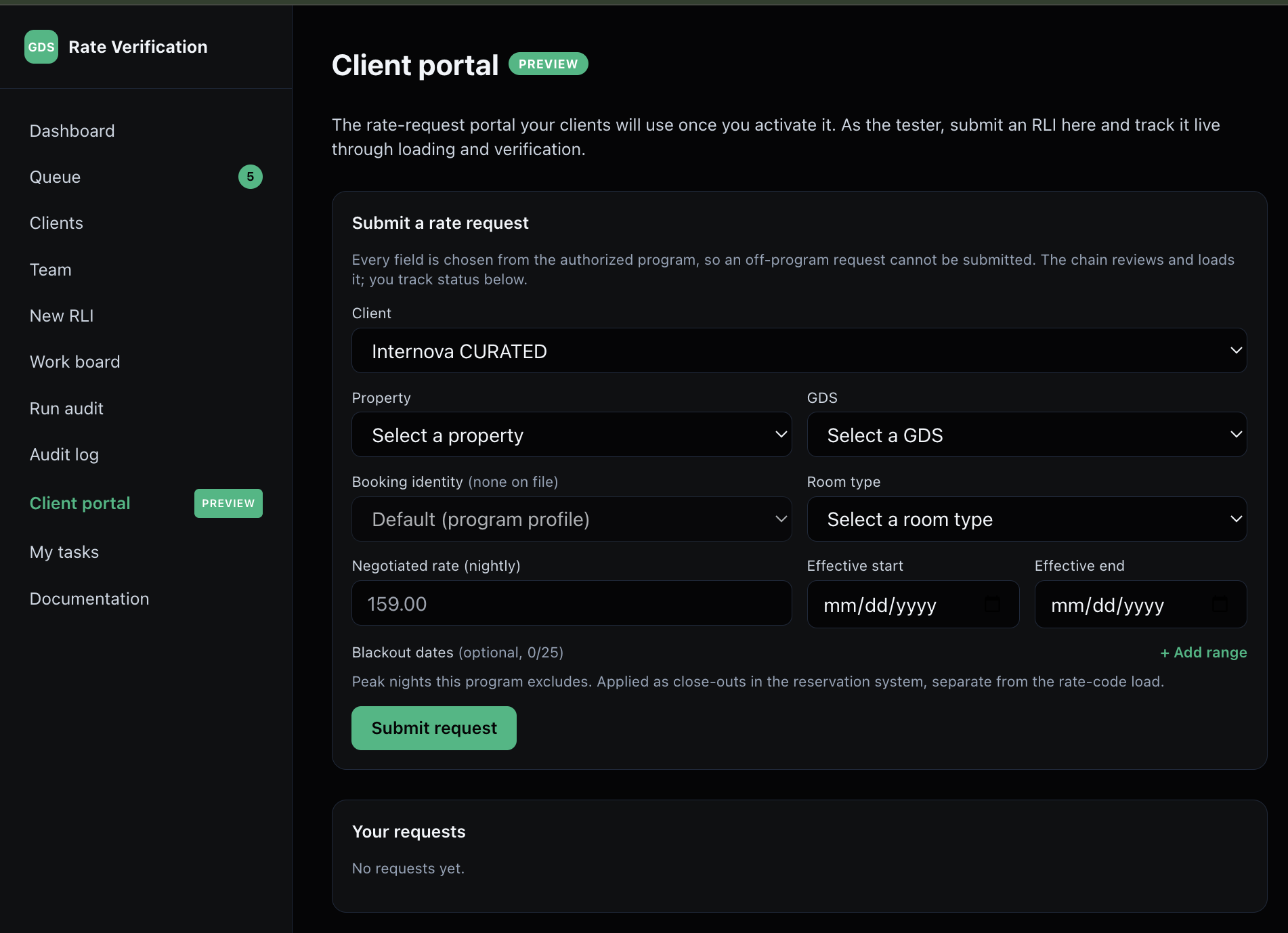 The client portal: a rate request bound to the authorized program.